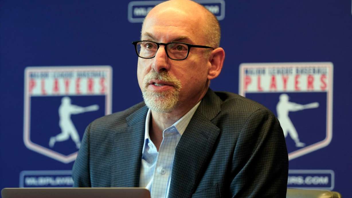 FILE - Attorney Bruce Meyer, the current interim executive director of the Major League Baseball Players Association, speaks at a news conference in New York, March 11, 2022.