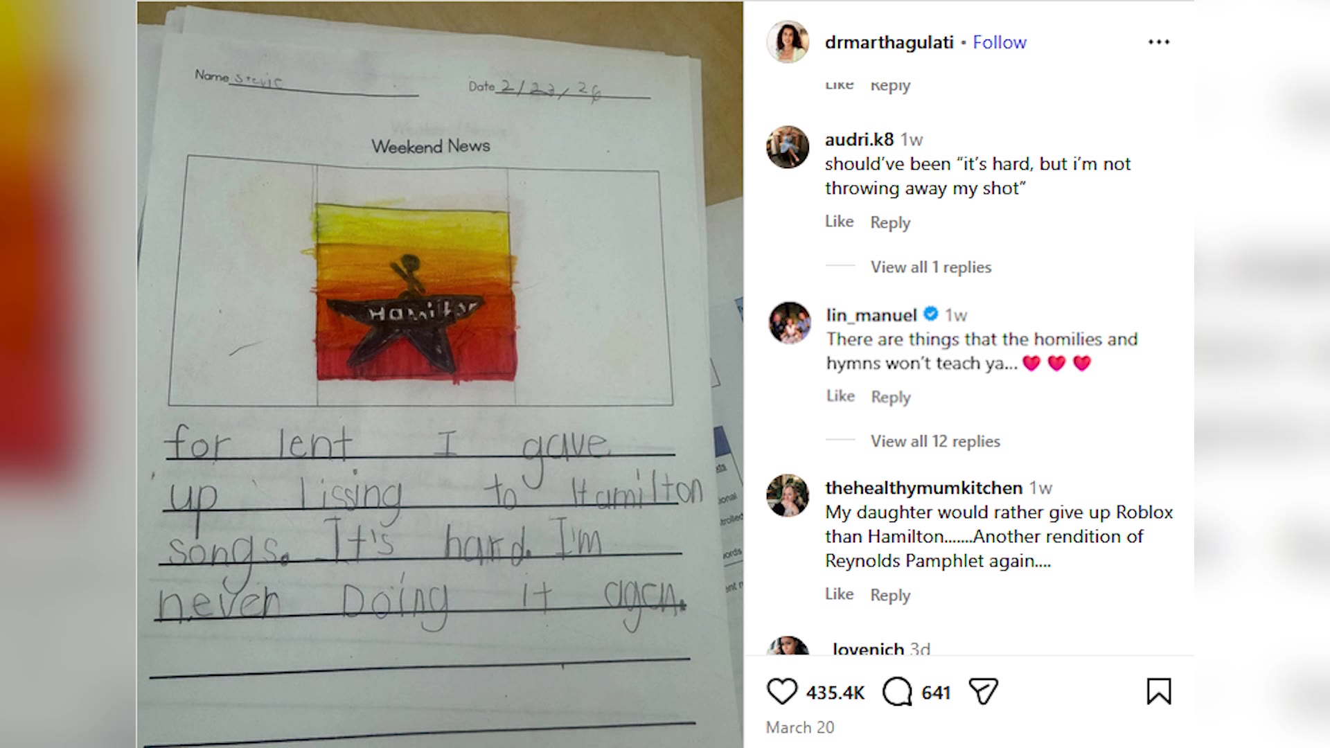 An Instagram post promoting Stevie Ryan's commitment to give up the music of "Hamilton." The post caught the attention of creator Lin-Manuel Miranda.