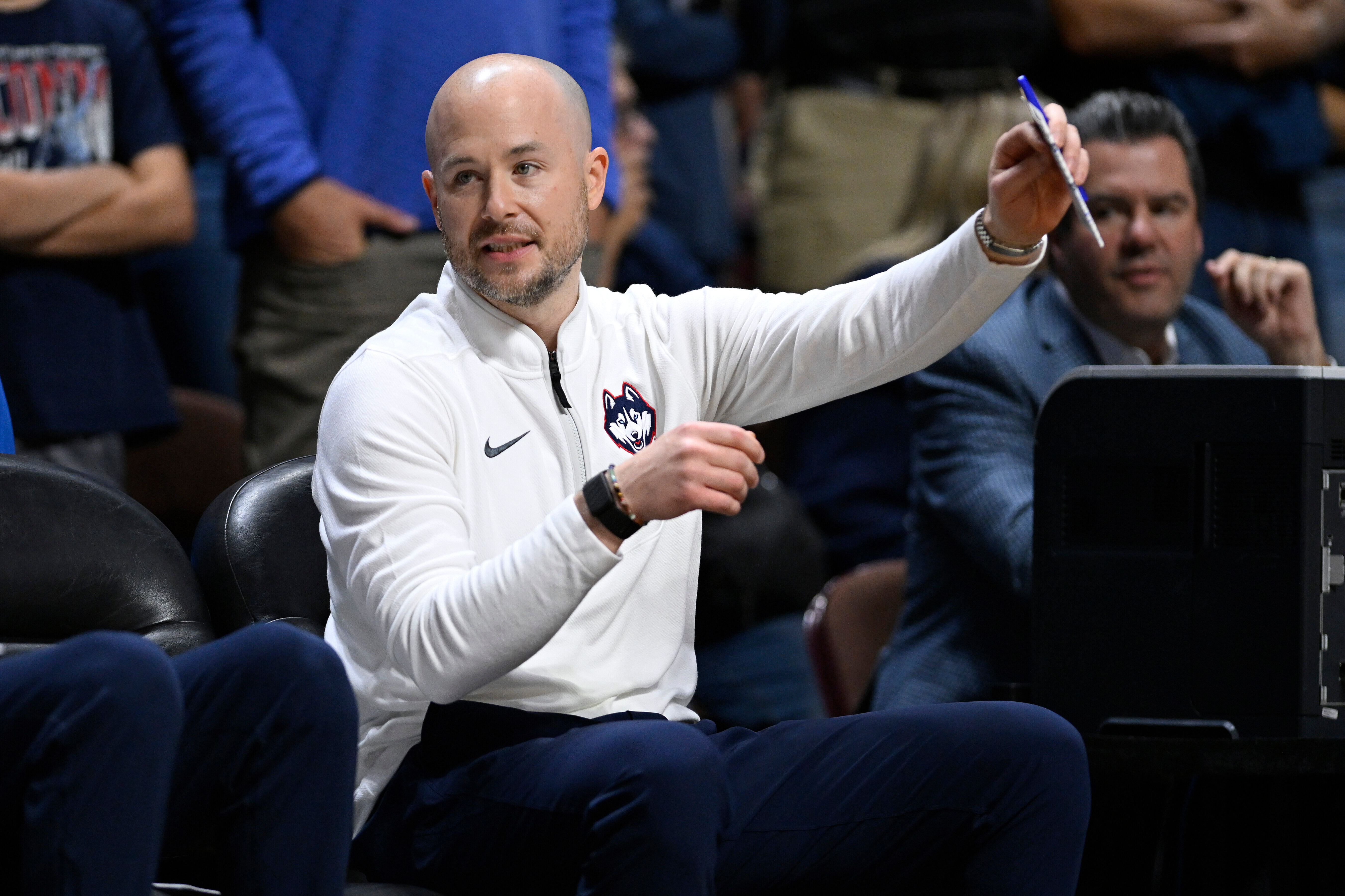 FILE - UConn assistant coach Luke Murray gestures during the first half of an exhibition NCAA basketball game against Boston College, Oct. 13, 2025, in Uncasville, Conn. 