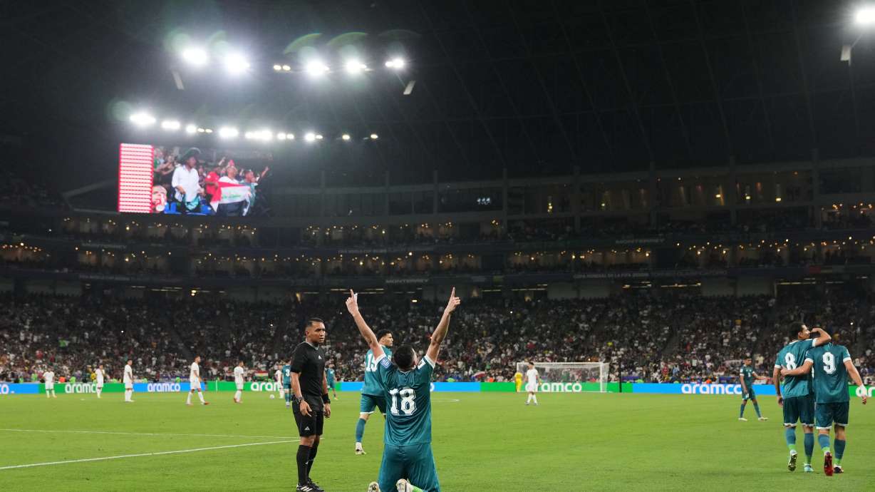 Iraq's Aymen Hussein celebrates scoring his side's 2nd goal during the World Cup playoff final soccer match between Iraq and Bolivia in Monterrey, Mexico, Tuesday, March 31, 2026.
