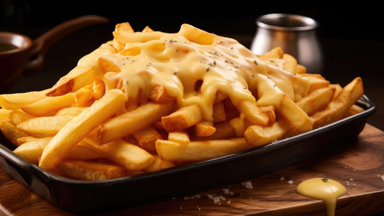 Delight in the amalgamation of crisp, salted fries elegantly adorned with a molten blanket of cheese, meticulously chosen to provide a harmonious contrast in both taste and texture.