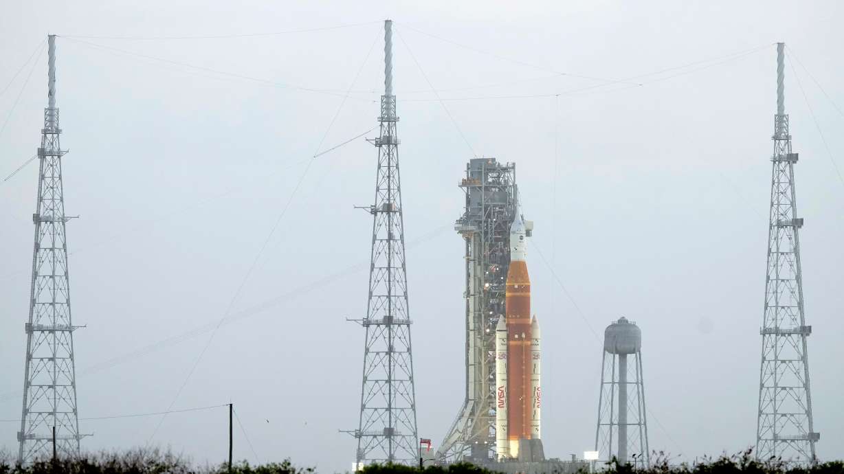 NASA's Artermis II moon rocket sits on Launch Pad 39-B at the Kennedy Space Center hours ahead of a planned launch attempt Wednesday, in Cape Canaveral, Fla.