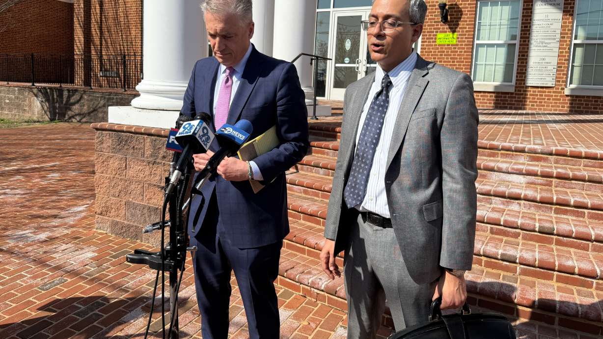 Defense attorneys Hammad Matin, right, and Andrew Jezic, who are representing Dayton James Webber, speak to reporters outside of Charles County District Court in La Plata, Md.,, on Wednesday, April 1, 2026.