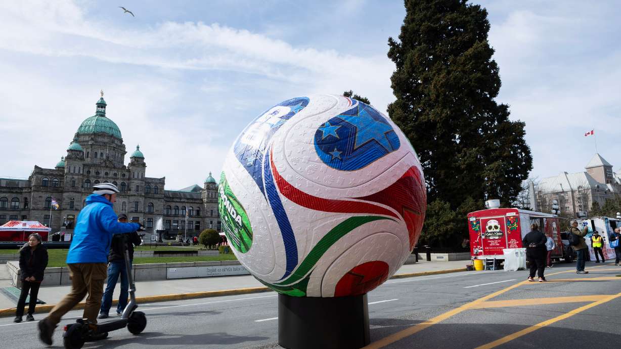 Soccer fans gathered on the grounds of the legislature to take part in the FIFA World Cup 2026 countdown celebration event in Victoria, B.C., on Tuesday, March 31, 2026.