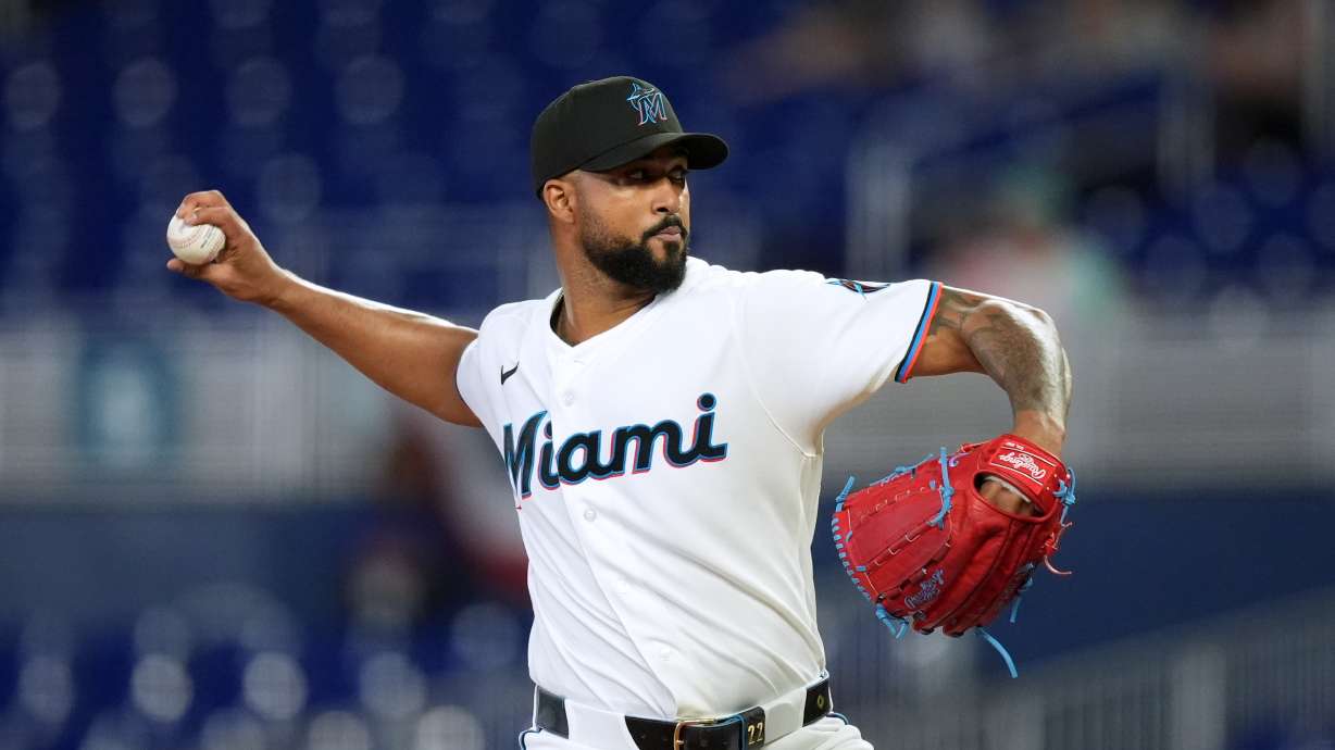 Miami Marlins starting pitcher Sandy Alcantara (22) pitches during the first inning of a baseball game against the Chicago White Sox, Wednesday, April 1, 2026, in Miami.