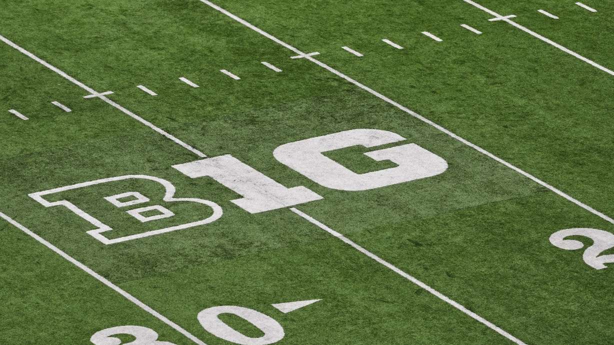 FILE - The Big Ten logo is seen on the field at Husky Stadium during an NCAA college football game, Oct. 25, 2025, in Seattle.