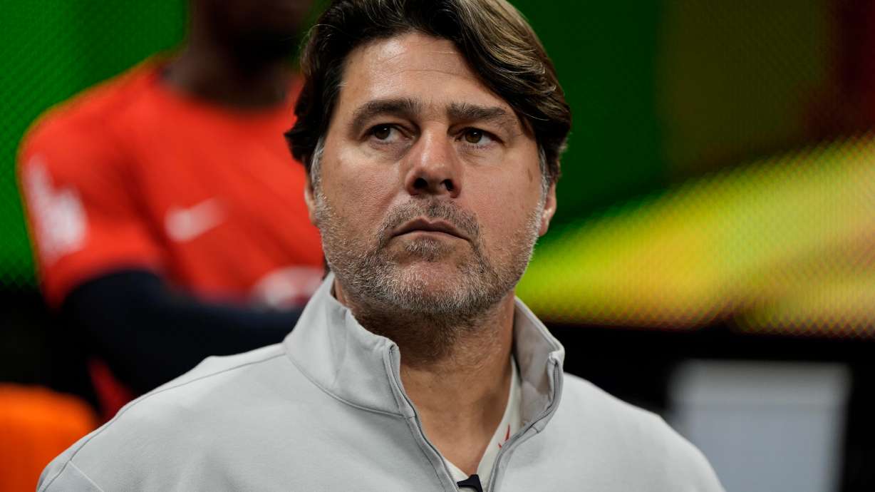 USA head coach Mauricio Pochettino prepares for play agsinst Portugal during the first half of an international friendly soccer match, Tuesday, March 31, 2026, in Atlanta.