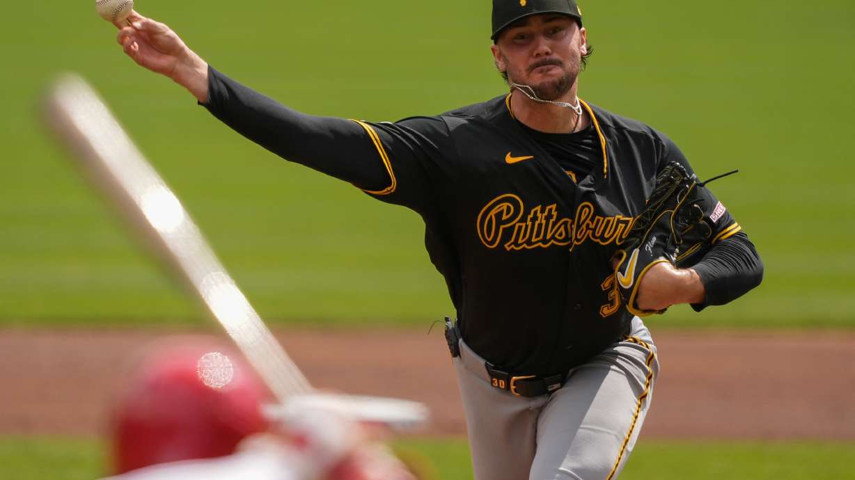 Pittsburgh Pirates pitcher Paul Skenes throws during the first inning of a baseball game against the Cincinnati Reds in Cincinnati, Wednesday, April 1, 2026.