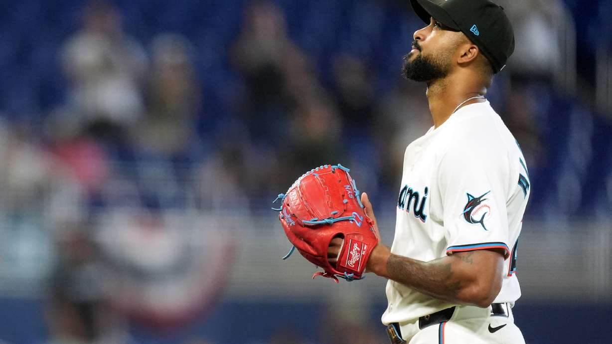 Miami Marlins starting pitcher Sandy Alcantara reacts cooly after pitching a complete game shut out baseball game against the Chicago White Sox, Wednesday, April 1, 2026, in Miami.