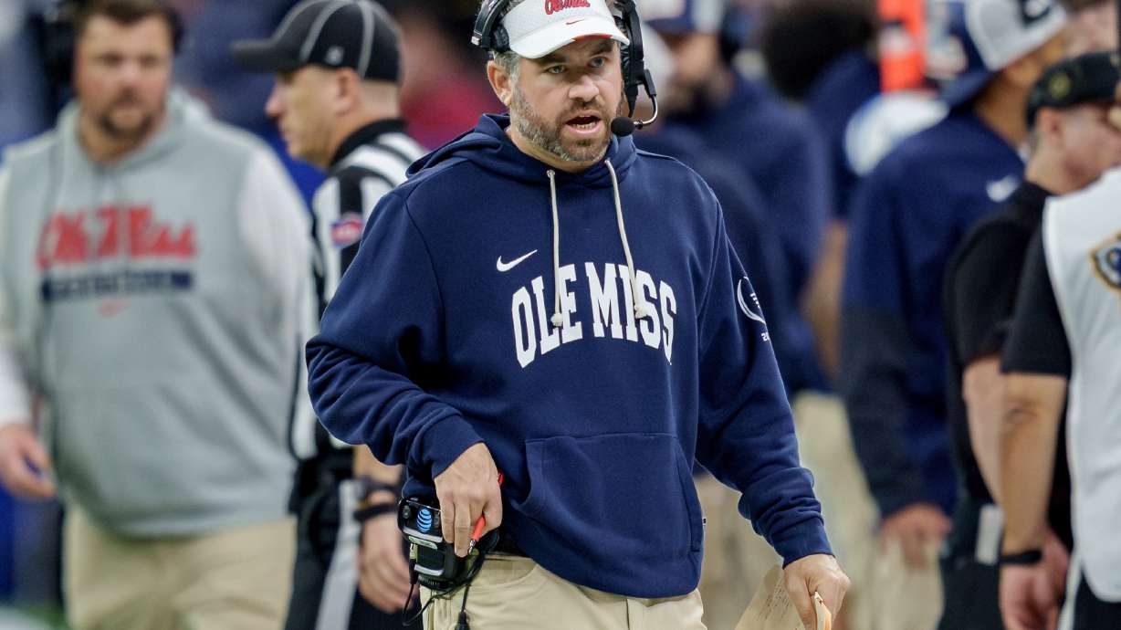 FILE - Mississippi head coach Pete Golding walks the sideline during the second half of the Sugar Bowl NCAA college football playoff quarterfinal game against Georgia on Jan. 1, 2026, in New Orleans.
