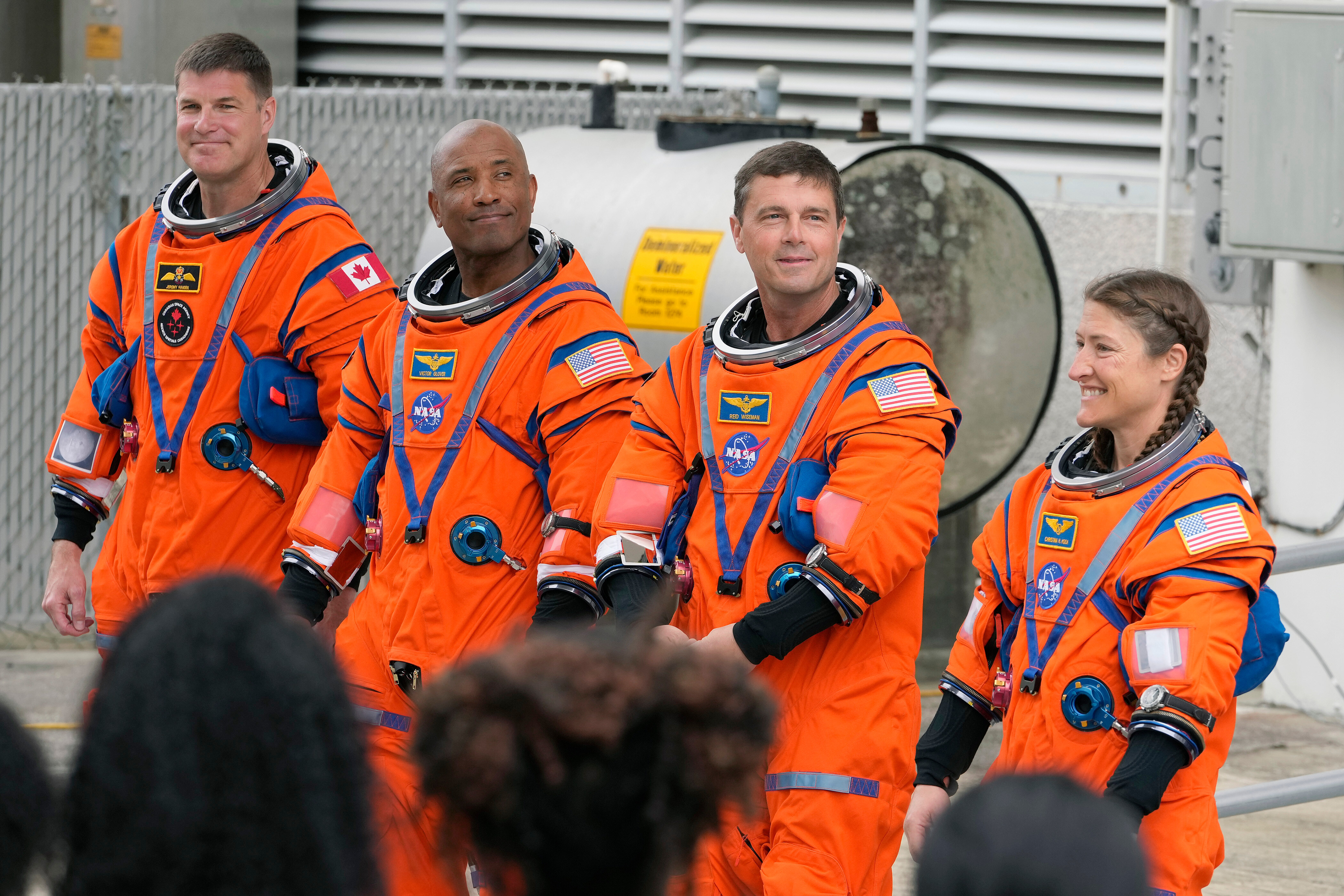 Astronauts, mission specialist Jeremy Hansen, of Canada, pilot Victor Glover, Cmdr. Reid Wiseman, and mission specialist Christina Koch, at the Kennedy Space Center, Wednesday, in Cape Canaveral, Fla. The four left in NASA's first lunar launch since 1972 early Wednesday evening.