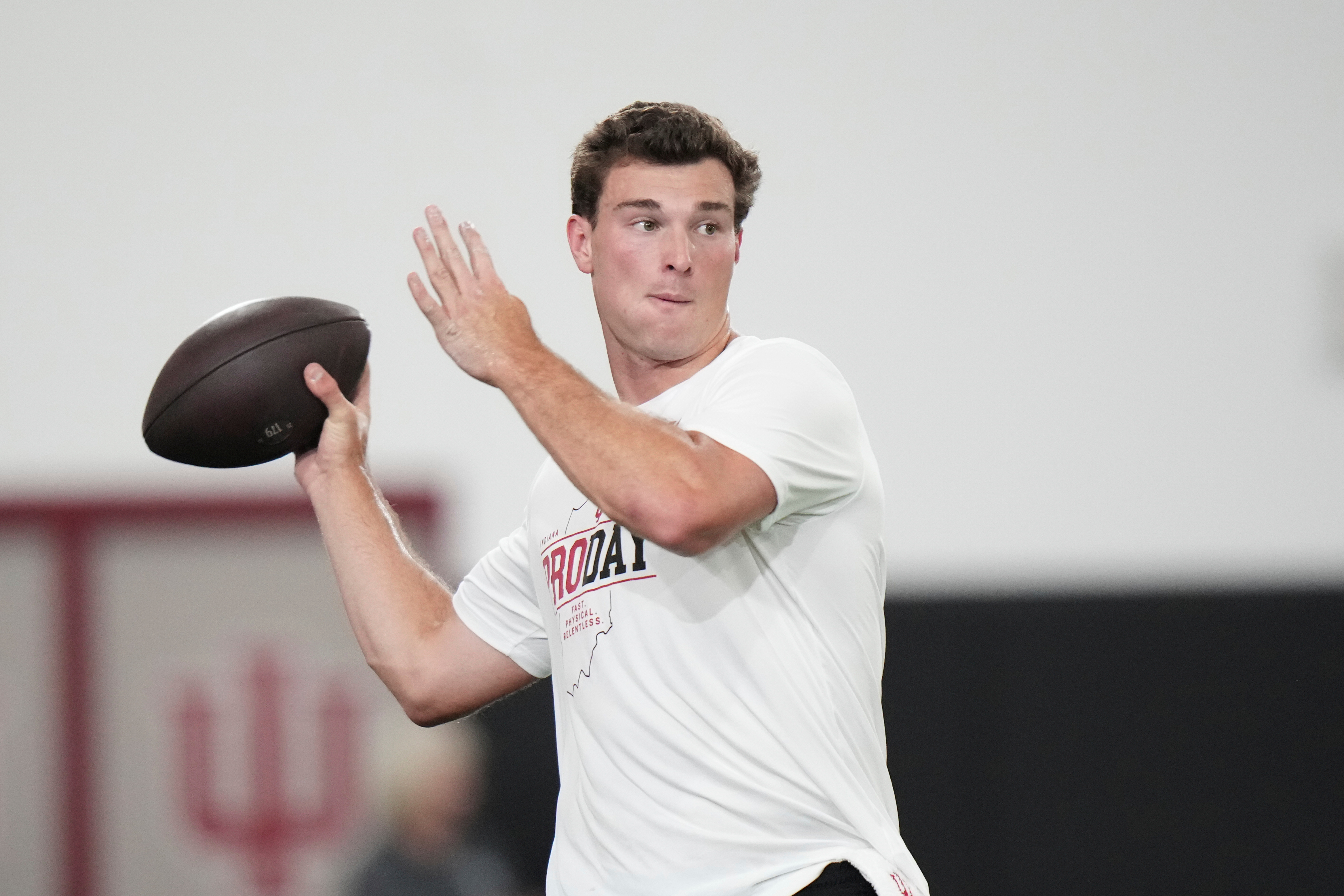 Indiana quarterback Fernando Mendoza looks to throw a pass during the school's NFL football pro day Wednesday, April 1, 2026, in Bloomington, Ind.