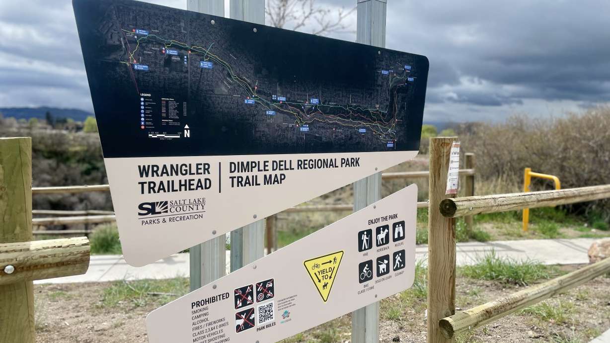 A map at Dimple Dell Regional Park's wrangler trailhead in Sandy is pictured on Wednesday. The city is encouraging the community to engage in 250 activities for America 250 celebration.