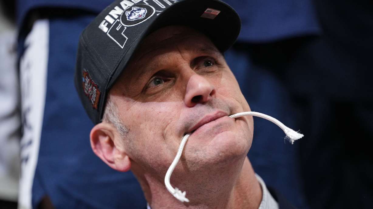 UConn head coach Dan Hurley celebrates after the team's win against Duke in the Elite Eight of the NCAA college basketball tournament, Sunday, March 29, 2026, in Washington.