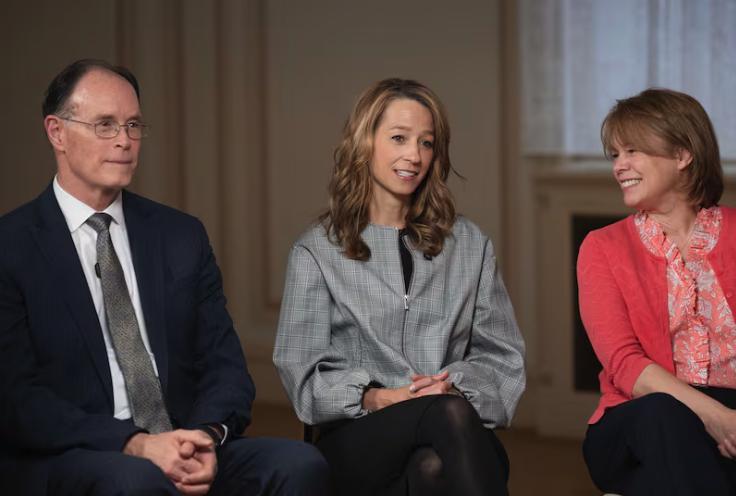 Utah first lady Abby Cox speaks at Pamela Atkinson’s humanitarian roundtable at the Thomas S. Monson Center in Salt Lake City on Wednesday. Bishop W. Christopher Waddell and Sharon Eubank listen.