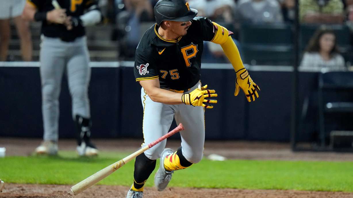 Pittsburgh Pirates' Konnor Griffin drops his bat after hitting a two-run double off New York Yankees pitcher Jake Bird during the fifth inning of a spring training baseball game Monday, March 9, 2026, in Tampa, Fla.