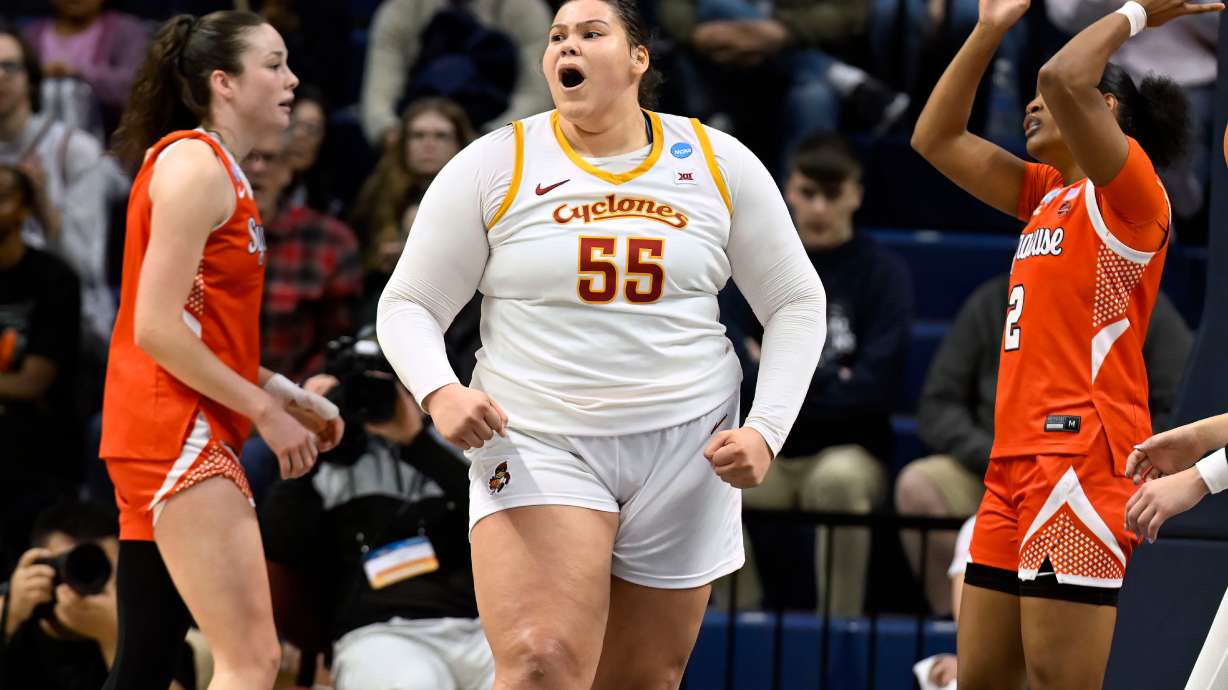 Iowa State center Audi Crooks (55) reacts after making a basket against Syracuse during the second half in the first round of the NCAA college basketball tournament, Saturday, March 21, 2026, in Storrs, Conn.