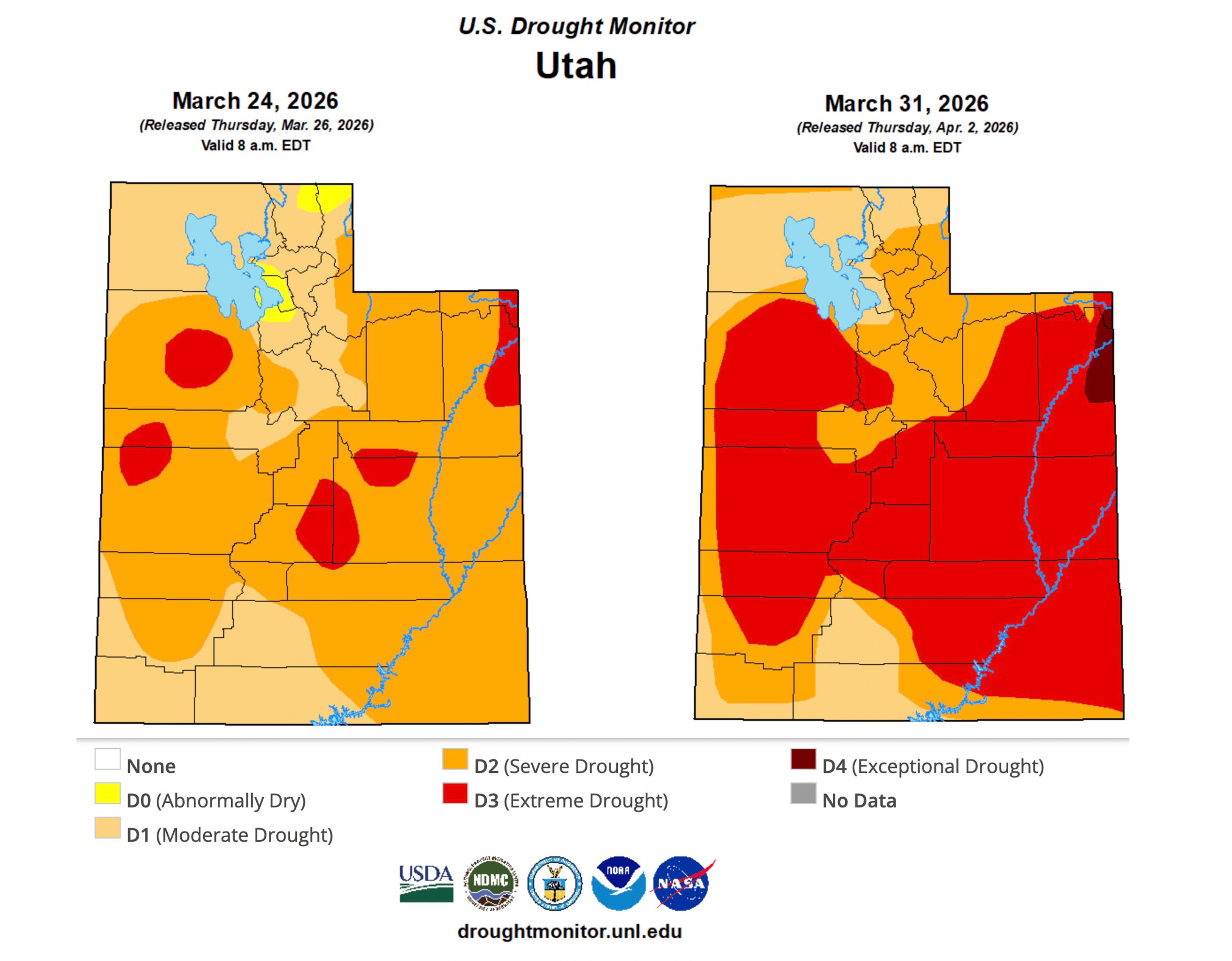 These maps show Utah's drought conditions over the past two weeks. The latest report, right, was released on Thursday, showing a massive expansion of extreme drought in the state.