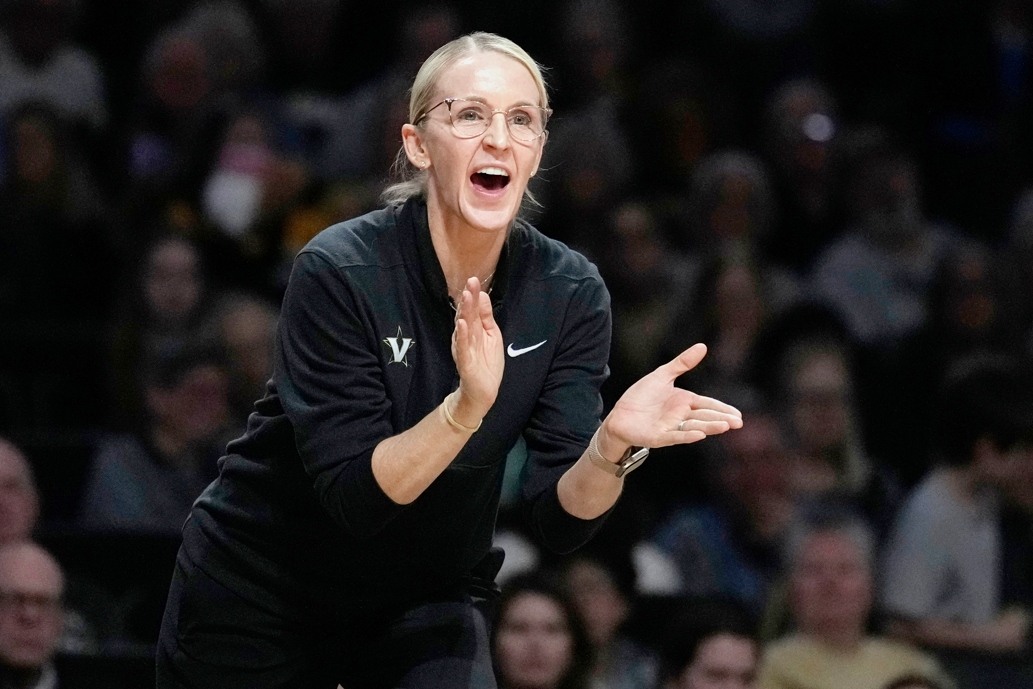 FILE - Vanderbilt head coach Shea Ralph cheers on her players in the first half of an NCAA college basketball game against Alabama, Thursday, Feb. 26, 2026, in Nashville, Tenn.