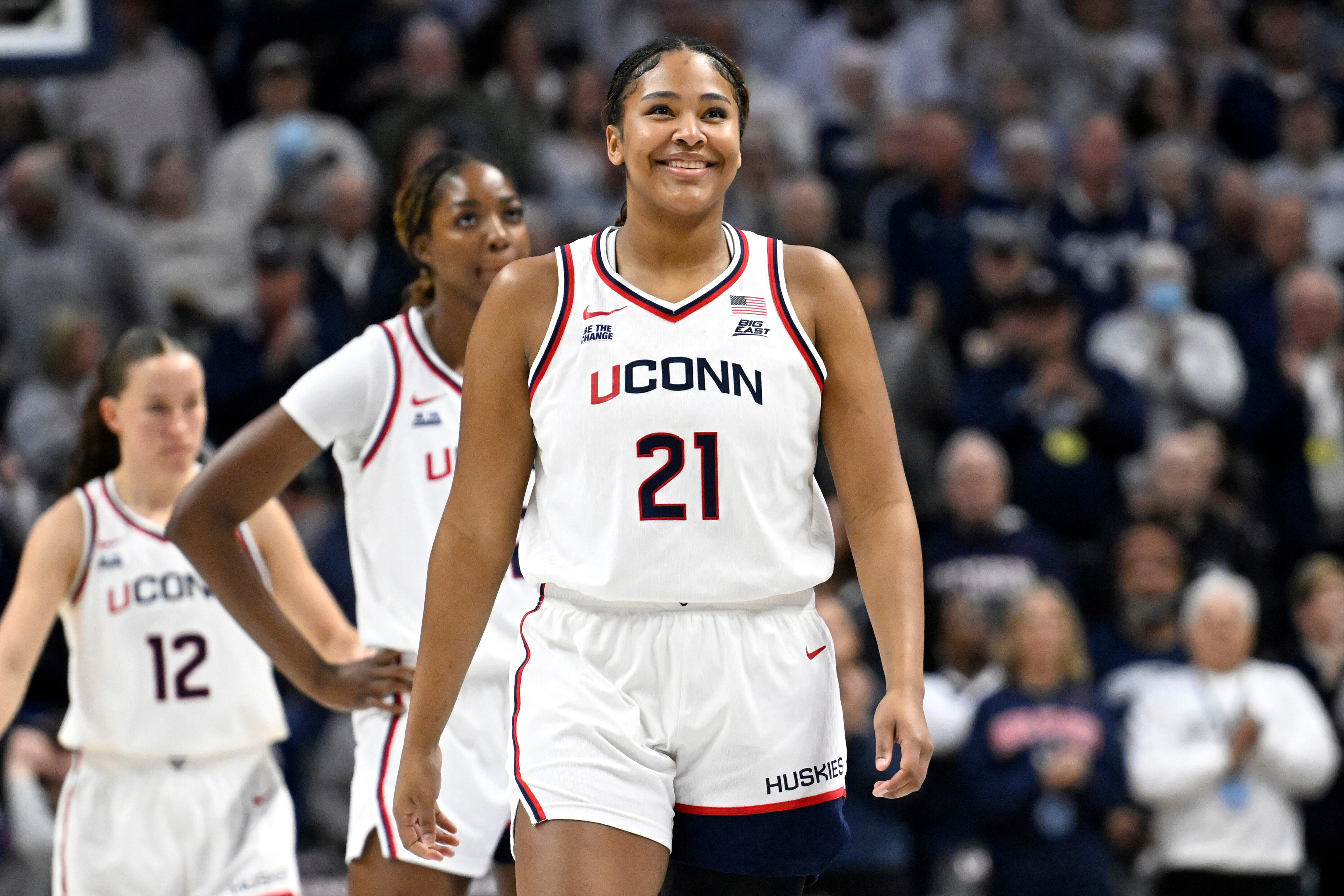 FILE - UConn forward Sarah Strong (21) in the first half of an NCAA college basketball game against Notre Dame, Monday, Jan. 19, 2026, in Storrs, Conn.