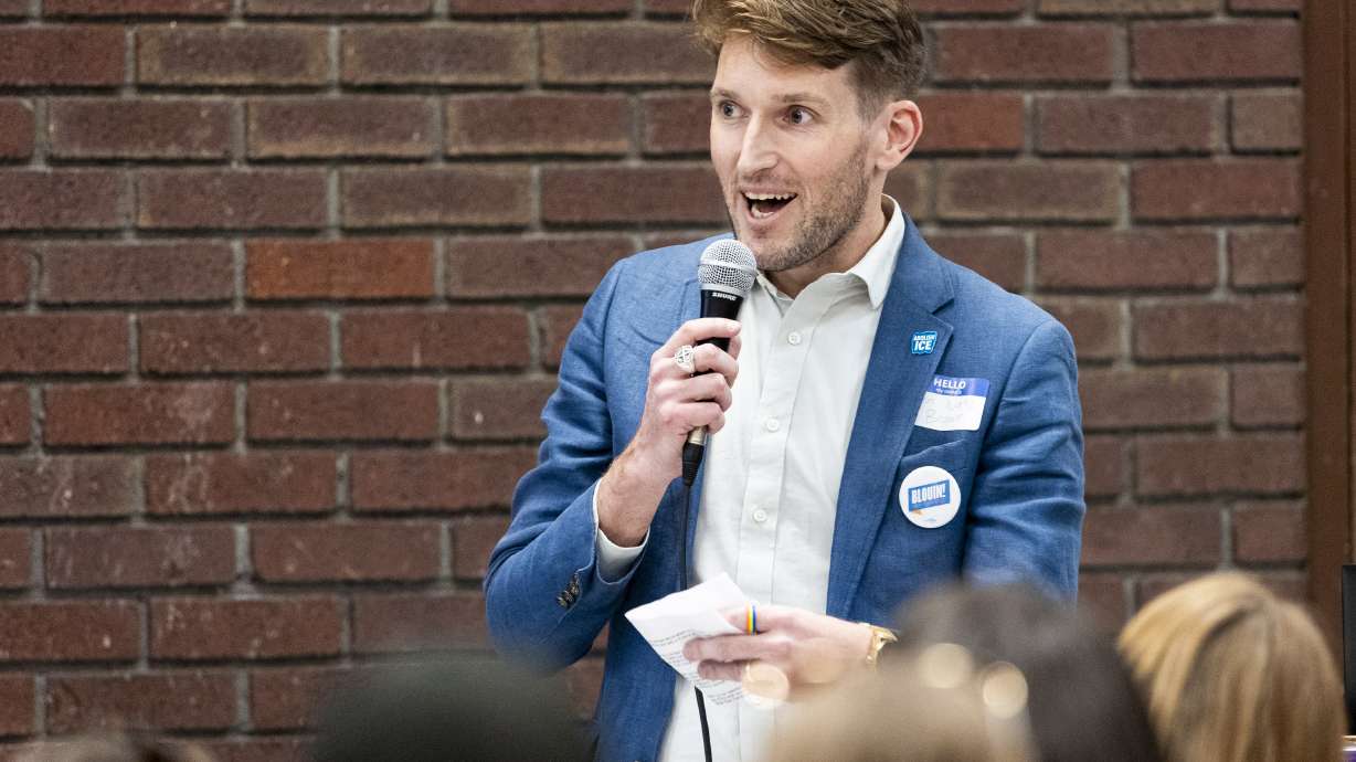 Sen. Nate Blouin, D-Millcreek, speaks in Salt Lake City during caucus night in Utah on March 17. Blouin shared a picture of graffiti that read, in part, "kill trillionaires" on social media earlier this week, adding in the caption that he was "metaphorically speaking."