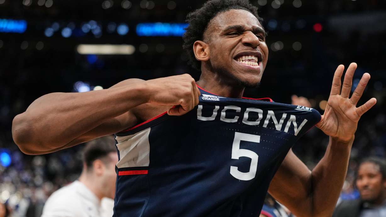 UConn forward Tarris Reed Jr. (5) reacts after the team's win against Duke in the Elite Eight of the NCAA college basketball tournament, Sunday, March 29, 2026, in Washington.