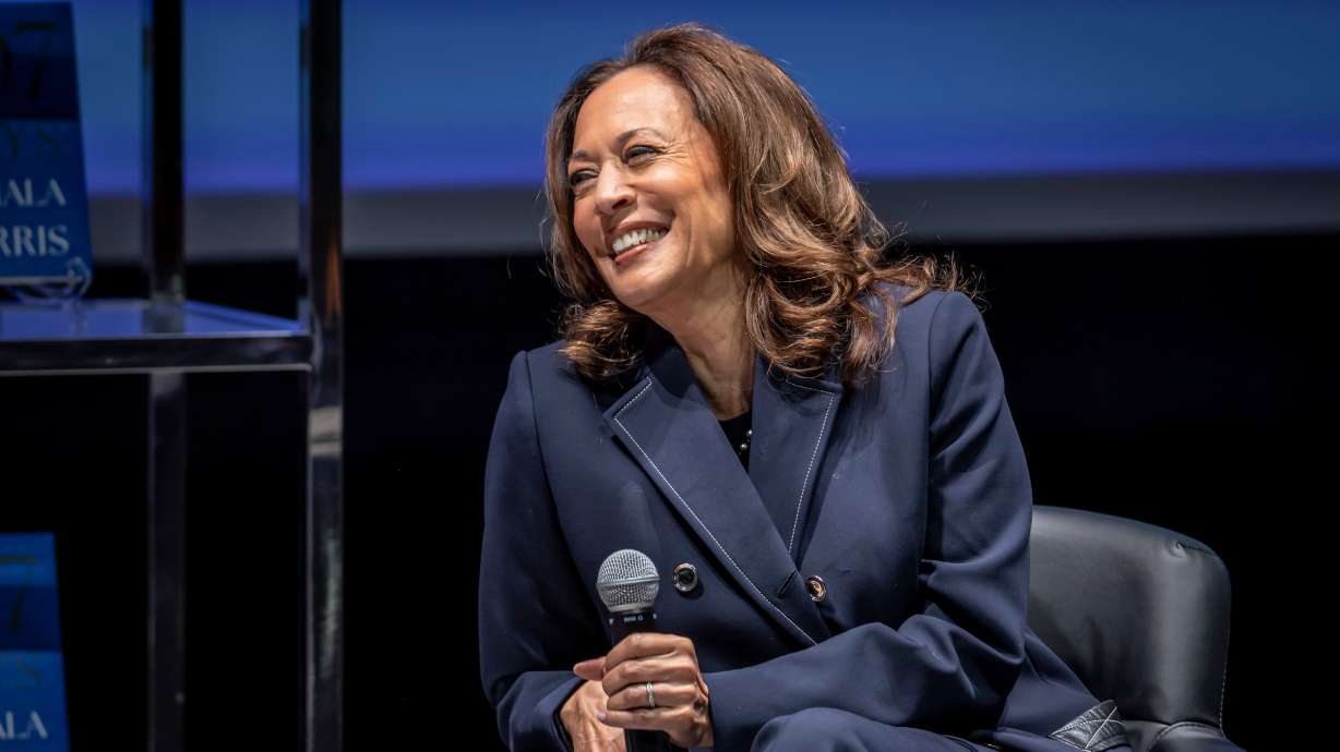 Former Vice President Kamala Harris talks with Rep. Lateefah Simon about her book "107 Days" at the Henry J. Kaiser Center For The Performing Arts in Oakland, Calif., on March 3. Harris spoke about America's future at Abravanel Hall on Wednesday.