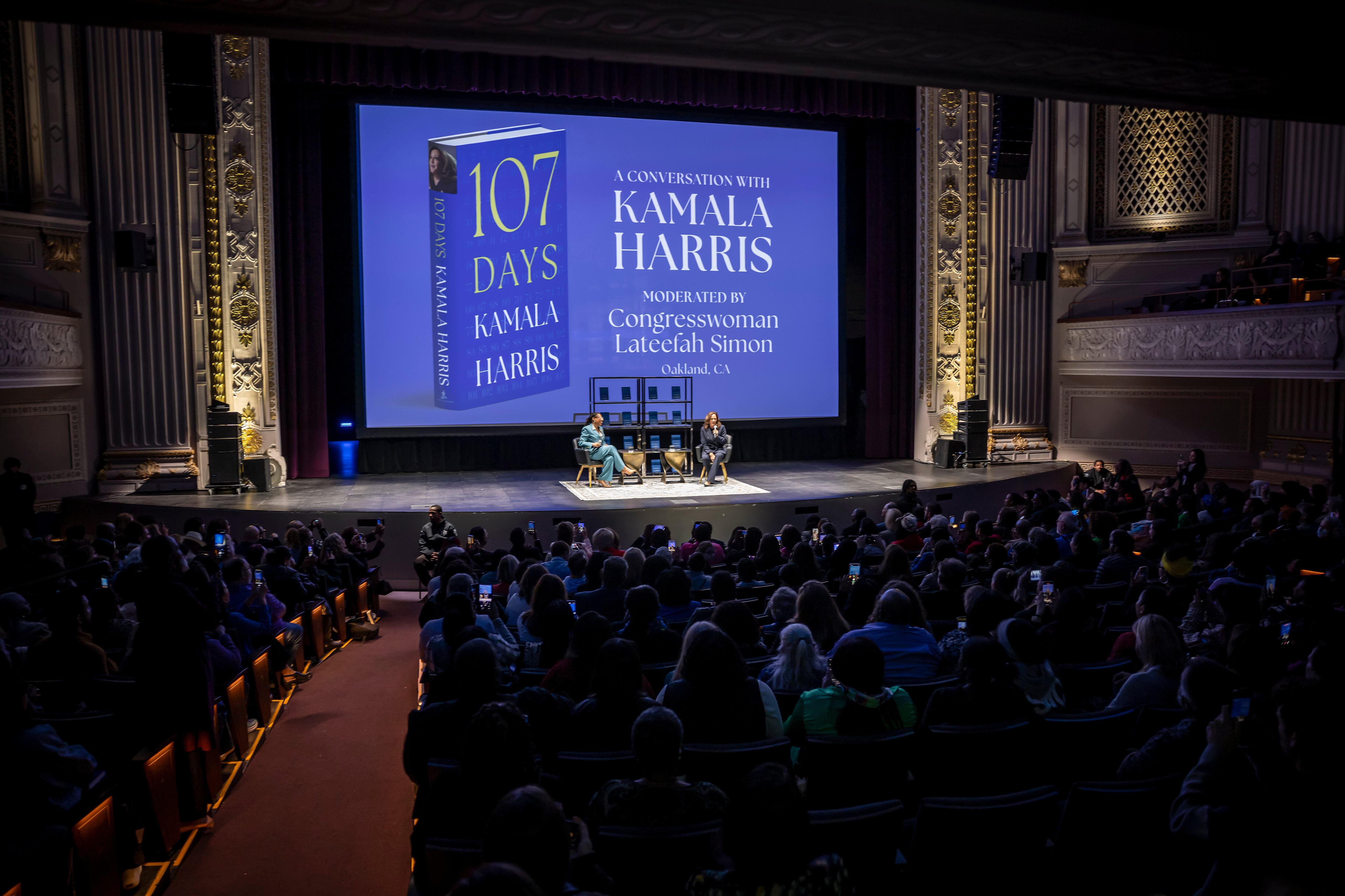 Former Vice President Kamala Harris talks with Rep. Lateefah Simon about her book, "107 Days," at the Henry J. Kaiser Center For The Performing Arts in Oakland, Calif., on March 3. Harris was in Salt Lake City as part of her tour on Wednesday night.
