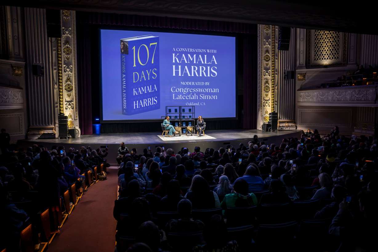 Former Vice President Kamala Harris talks with Rep. Lateefah Simon about her book, "107 Days," at the Henry J. Kaiser Center For The Performing Arts in Oakland, Calif., on March 3. Harris was in Salt Lake City as part of her tour on Wednesday night.