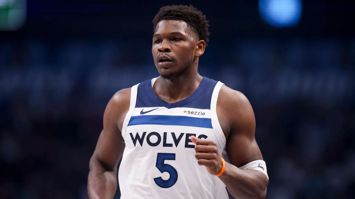 Minnesota Timberwolves guard Anthony Edwards runs the court before an NBA basketball game against the Dallas Mavericks, Monday, March 30, 2026, in Dallas.