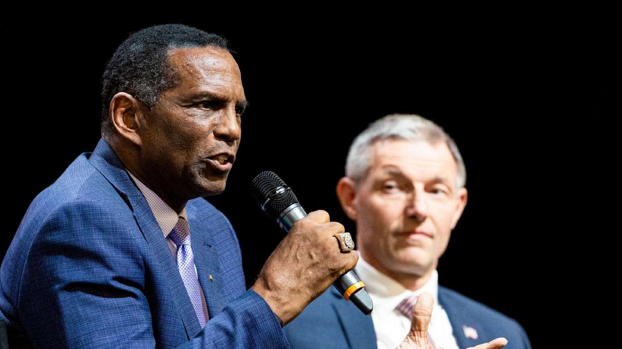 Rep. Burgess Owens and Rep. Mike Kennedy participate in a panel during the Utah Republican Party’s organizing convention at the UCCU Center in Orem on May 17. Owens and Kennedy on Thursday criticized European allies for not supporting President Donald Trump in the Iran war.