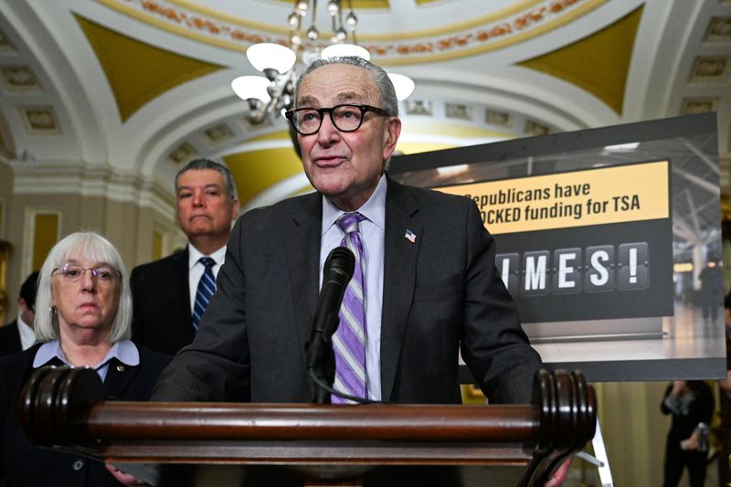 Senate Minority Leader Chuck Schumer, D-N.Y., holds a press conference following the Democratic weekly policy lunch on Capitol Hill in Washington, March 24. Schumer portrayed Republicans in a "meltdown" over a proposed "anti-weaponization" fund.