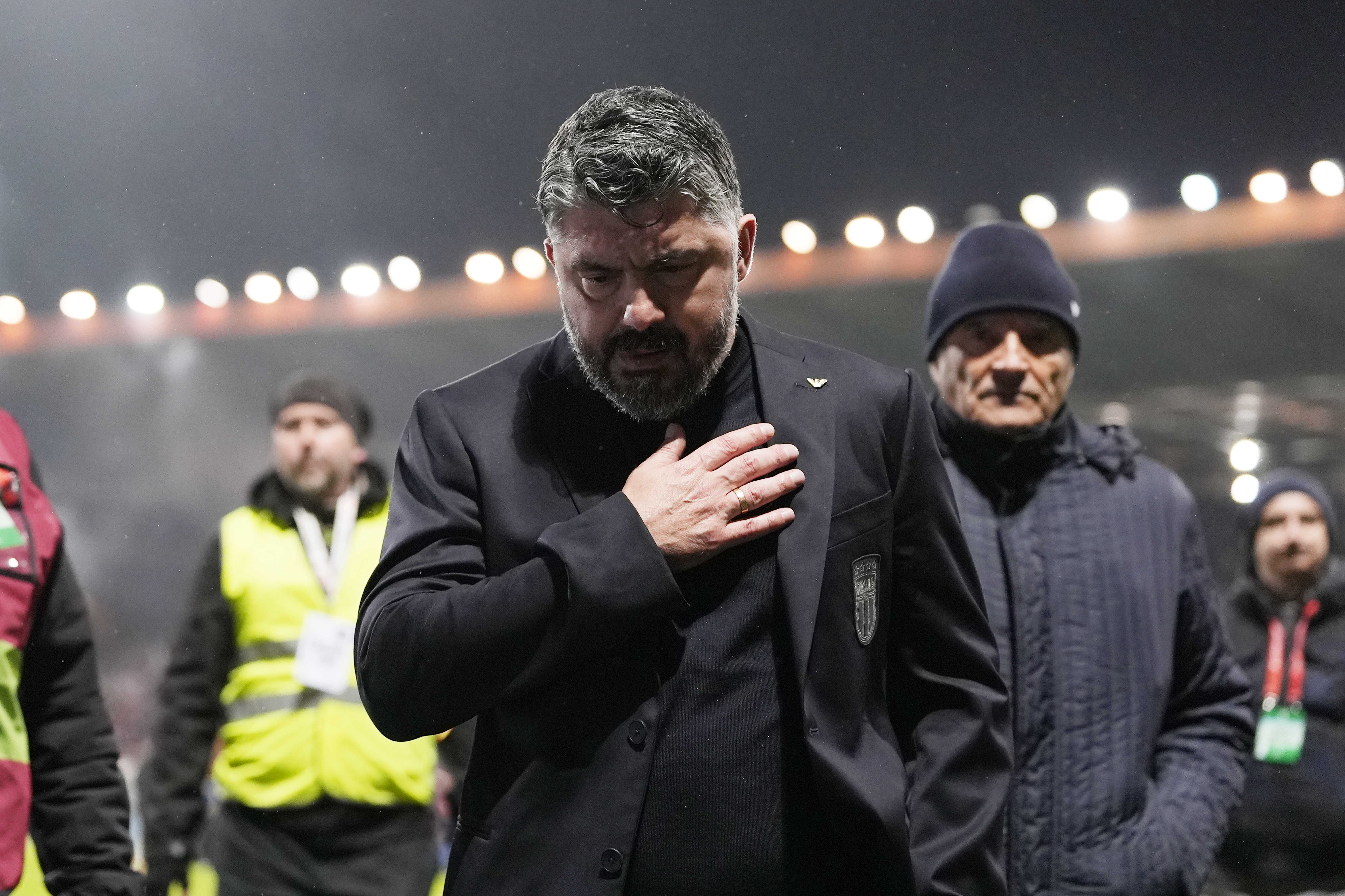 Italy's coach Gennaro Gattuso walks off the pitch after losing in a World Cup qualifying playoff final soccer match between Bosnia and Italy in Zenica, Bosnia, Tuesday, March 31, 2026.