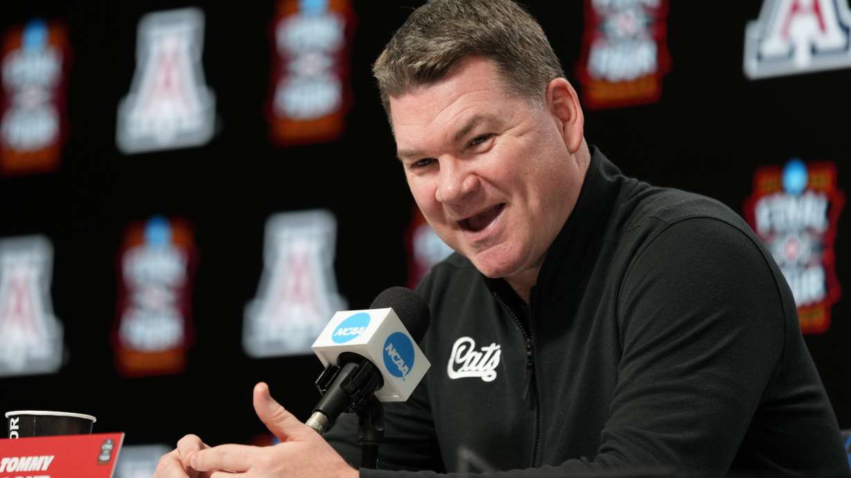 Arizona head coach Tommy Lloyd speaks during a news conference ahead of a national semifinal NCAA college basketball tournament game against Michigan at the Final Four, Thursday, April 2, 2026, in Indianapolis.