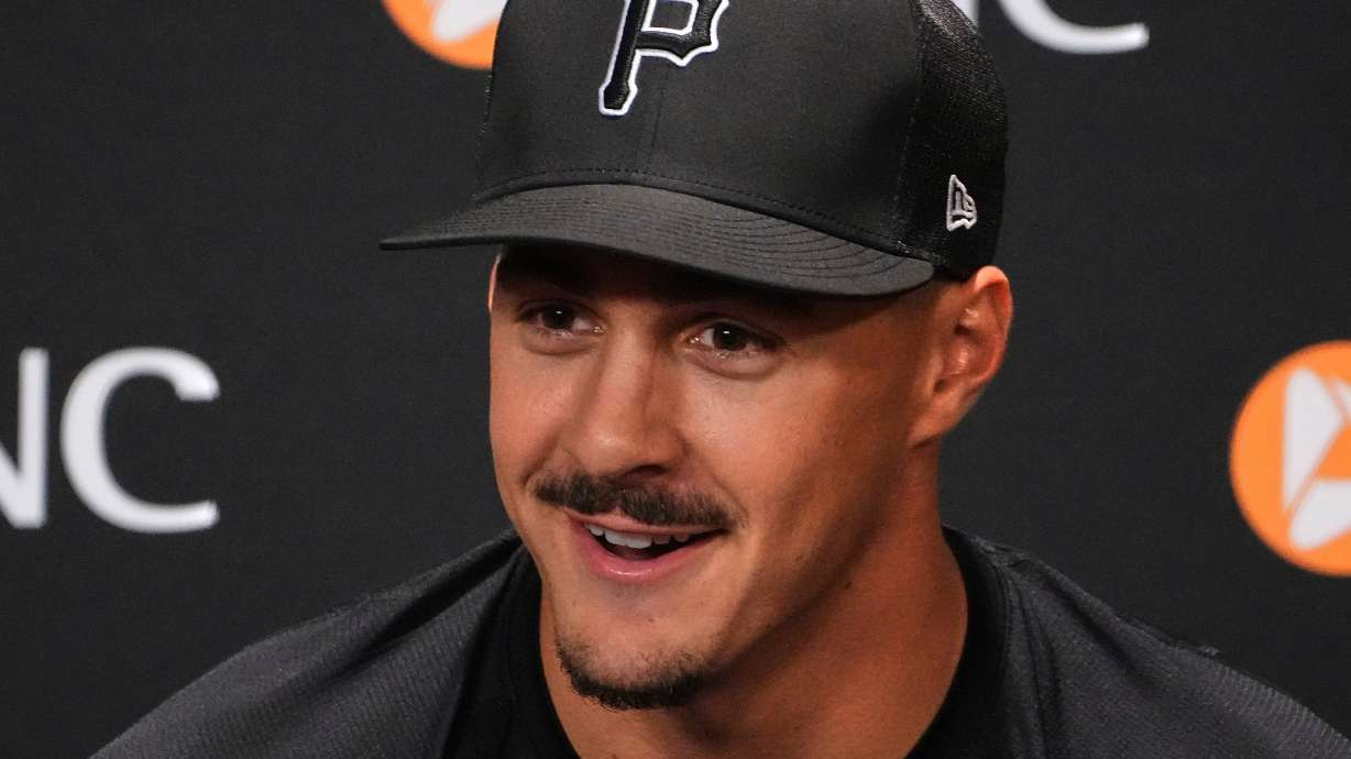 Pittsburgh Pirates' Konnor Griffin meets with reporters before making his Major League Baseball debut in the Pirates' home-opener against the Baltimore Orioles, Friday, April 3, 2026, in Pittsburgh.