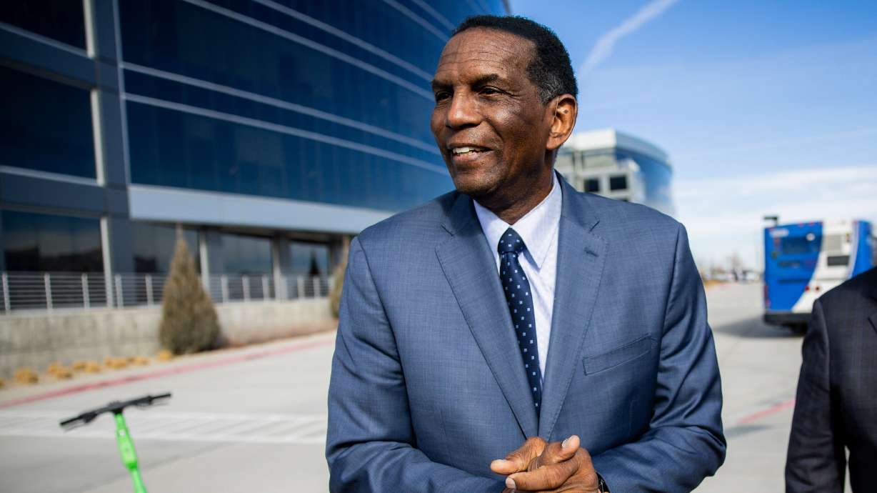Rep. Burgess Owens, R-Utah, mingles after a press conference to discuss the Surface Transportation Reauthorization at the South Jordan Station on Feb. 6. Owens unveiled the MATCH Act on Thursday, aiming to better match students with jobs.