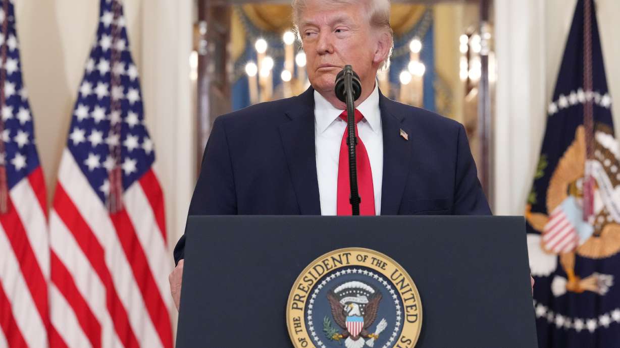 President Donald Trump pauses as he finishes speaking about the Iran war from the Cross Hall of the White House on April 1, in Washington.