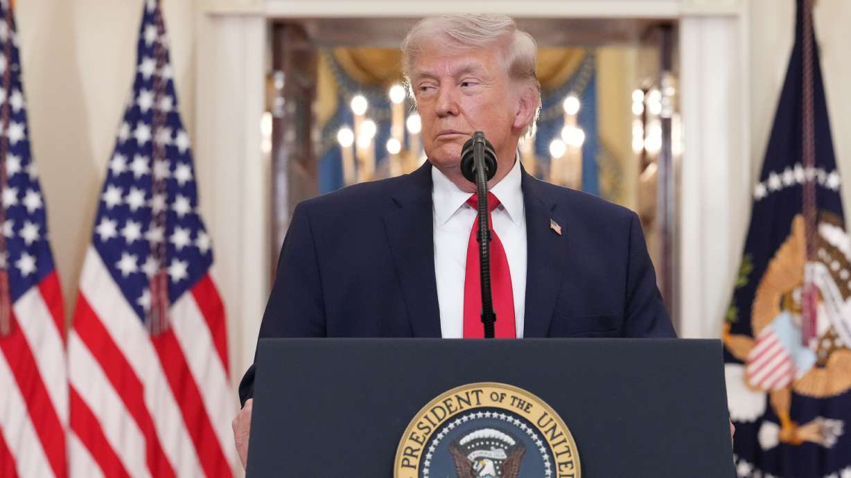 President Donald Trump pauses as he finishes speaking about the Iran war from the Cross Hall of the White House on April 1, in Washington.