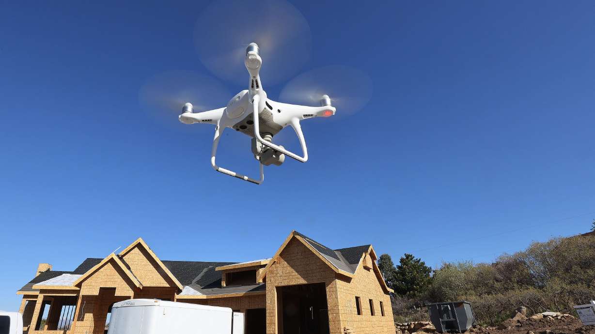 Lots are surveyed by drone in Sandy on May 5, 2021. The Hill Air Force Base commander is reminding the public to keep drones out of military base airspace.