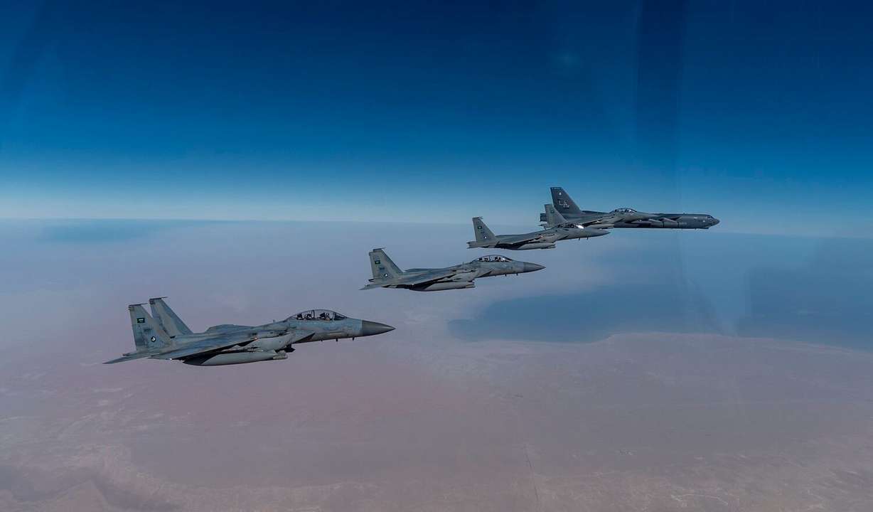 In this Jan. 27, 2021, handout photo, a B-52 bomber from the 2nd Bomb Wing of Barksdale Air Force Base in Louisiana, right, flies with Royal Saudi Air Force F-15s during a mission in the Middle East. Hill Air Force Base warned drone users of flying over military airspace, claiming it poses a danger to military personnel.