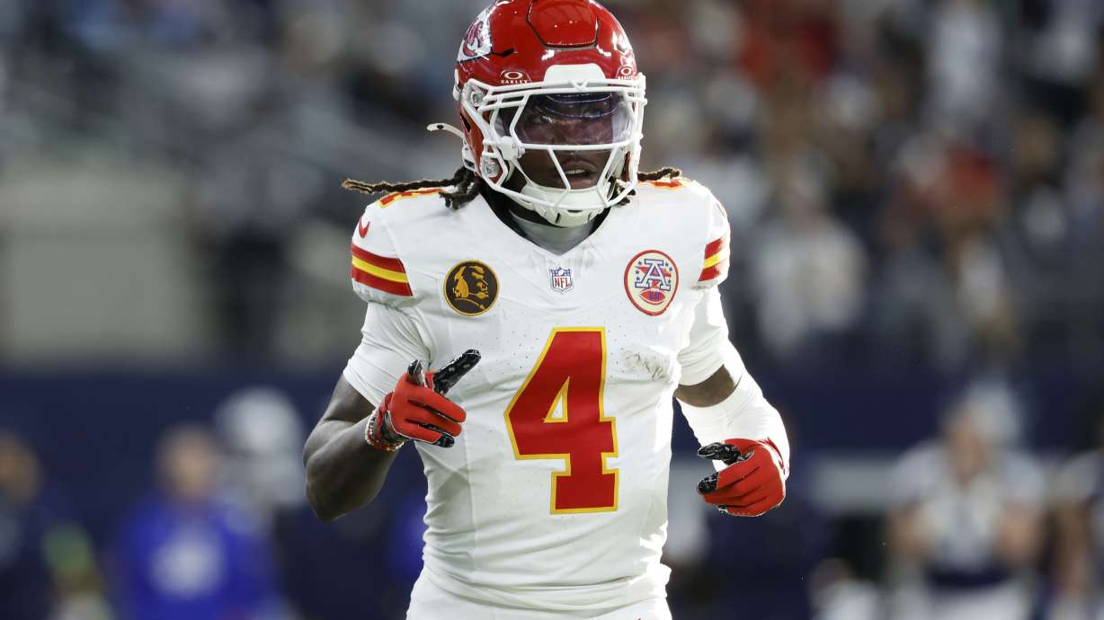 FILE - Kansas City Chiefs wide receiver Rashee Rice (4) lines up for the snap during a NFL football game against the Dallas Cowboys, Nov. 27, 2025, in Arlington, Texas.
