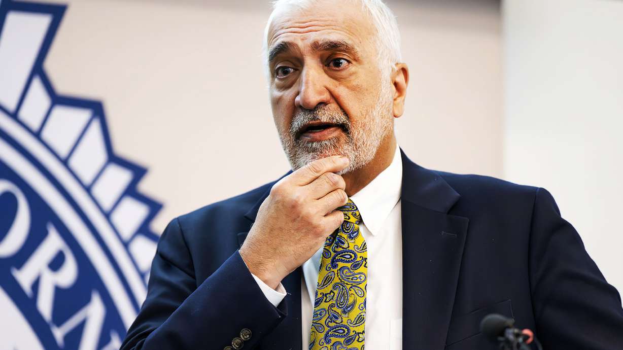 Salt Lake County District Attorney Sim Gill provides a walkthrough of the shooting of Carlos Felipe Ocampo-Flores during an availability at his office in Salt Lake City on April 3.
