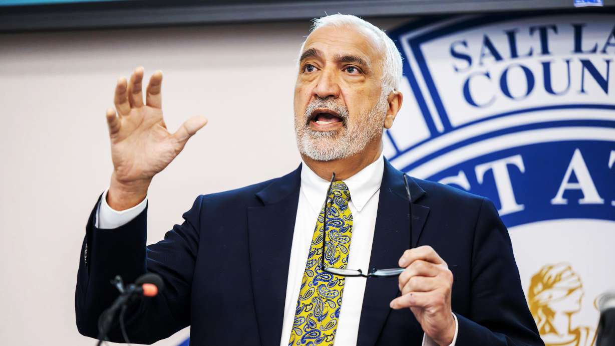 Salt Lake County District Attorney Sim Gill provides a walkthrough of the shooting of Carlos Felipe Ocampo-Flores during an availability at his office on April 3. Gill said humans remain in control despite his office using AI to review evidence.