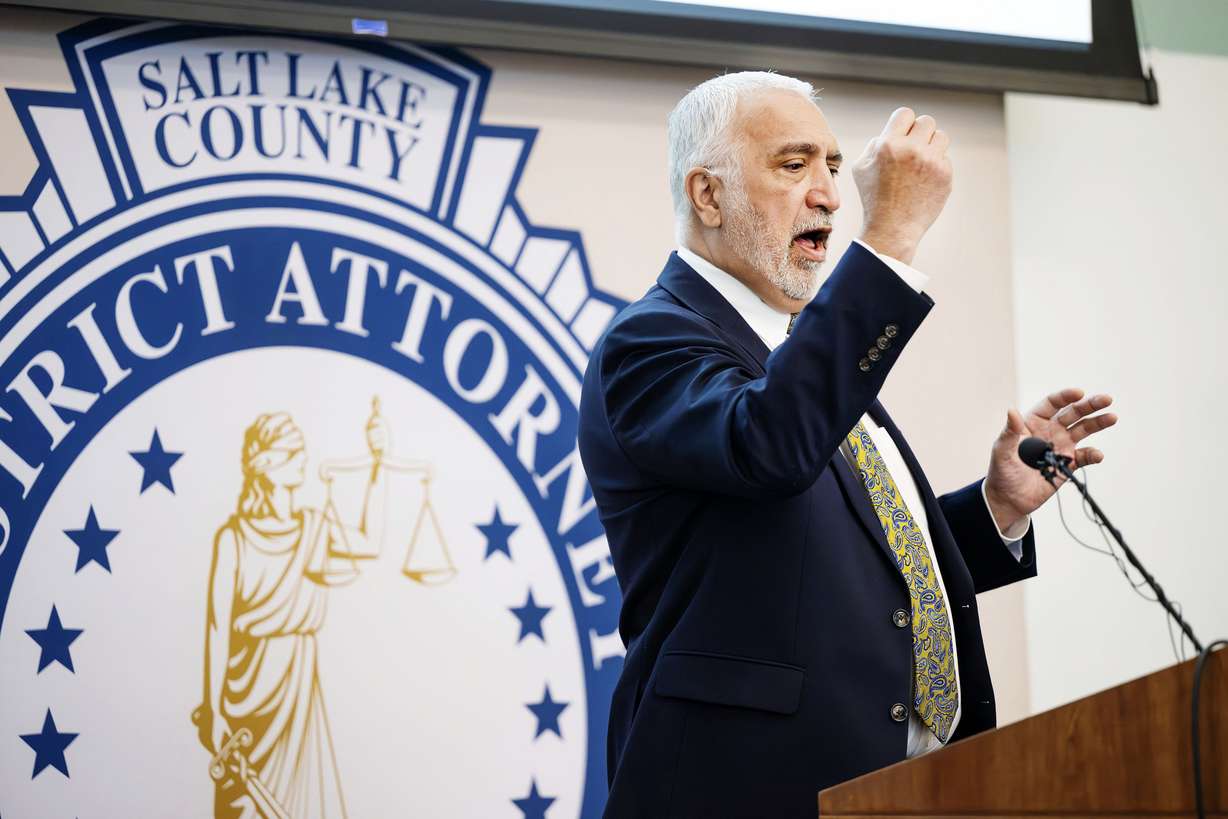 Salt Lake County District Attorney Sim Gill provides a walkthrough of the shooting of Carlos Felipe Ocampo-Flores during an availability at his office in Salt Lake City on April 3. Gill provided clear expectations for how he wants AI to be used in his office.