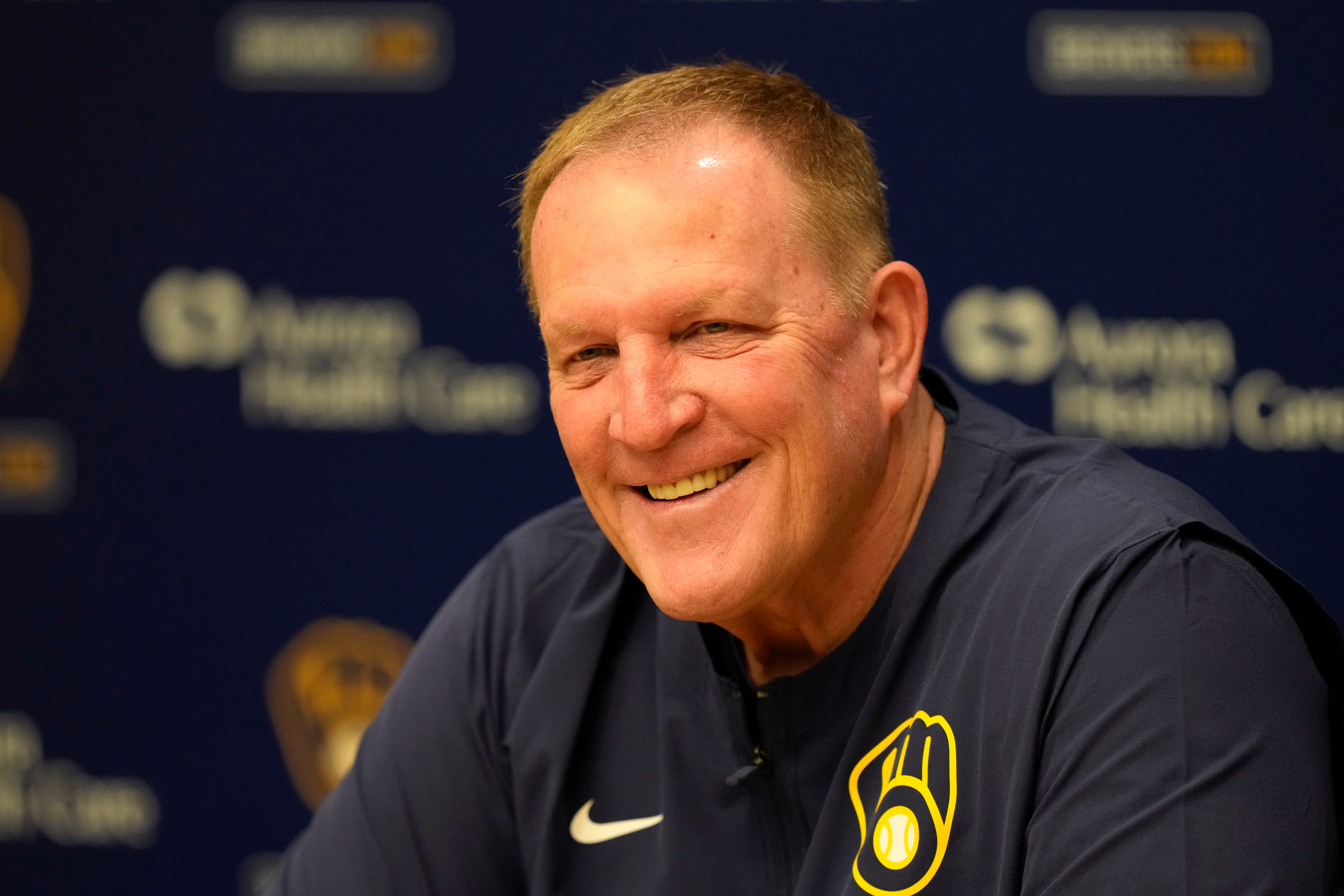 Milwaukee Brewers manager Pat Murphy talks during a press conference before an opening-day baseball game against the Chicago White Sox, Thursday, March 26, 2026, in Milwaukee.