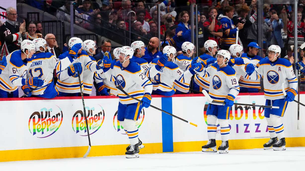 Buffalo Sabres' Mattias Samuelsson (23), front left, celebrates his goal with the bench against the Ottawa Senators during the second period of an NHL hockey game in Ottawa on Thursday, April 2, 2026.