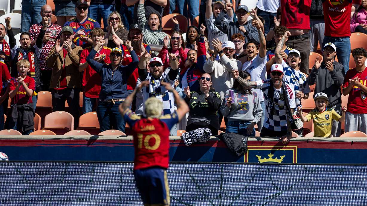 Fans cheer as Real Salt Lake midfielder Diego Luna (10) celebrates after scoring during the first half of an MLS game against Sporting Kansas City at America First Field in Sandy on Saturday, April 4, 2026.