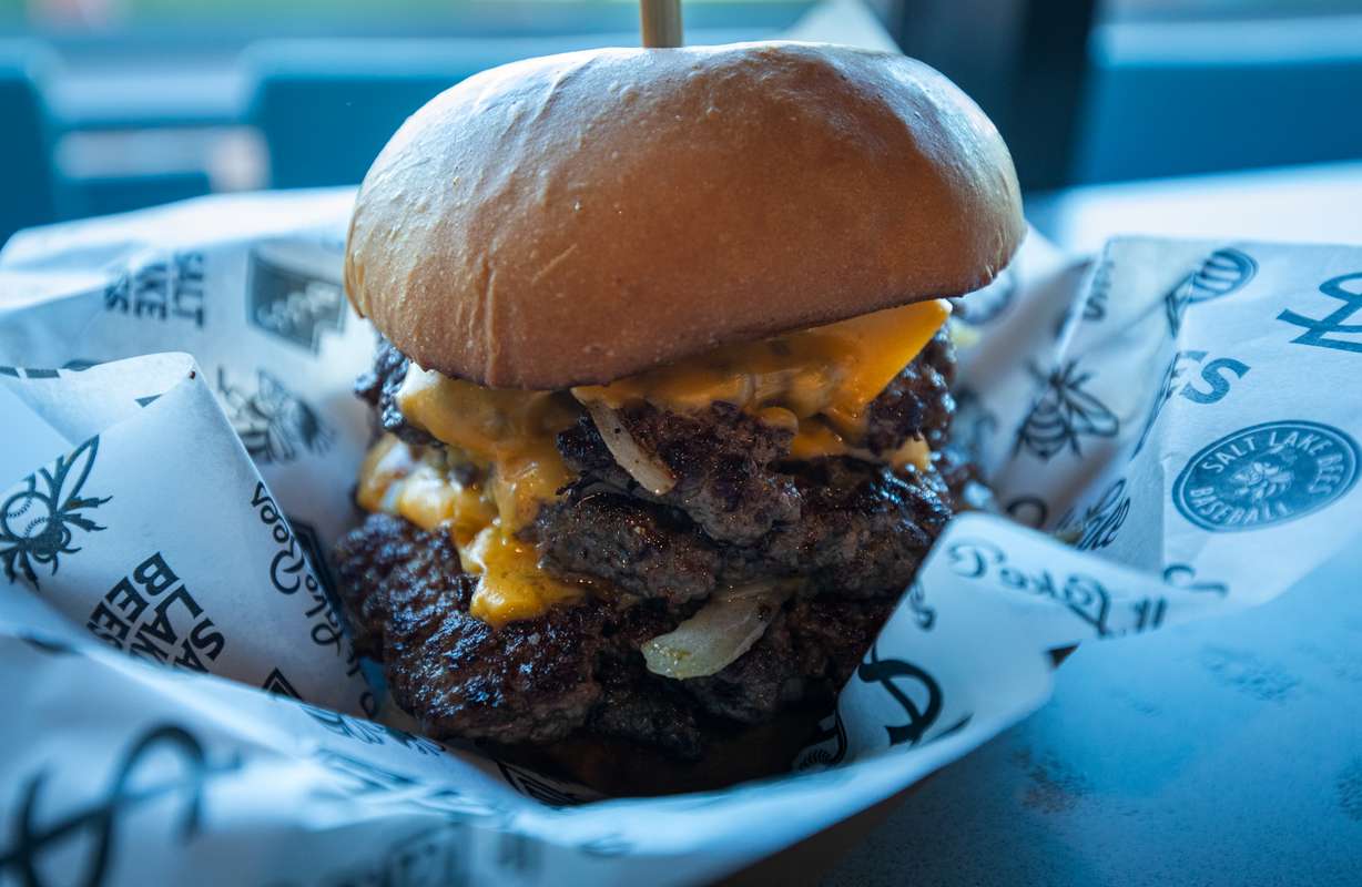 The "Grand Slam," a four-patty smash burger is pictured at The Ballpark at America First Square in South Jordan on Friday.