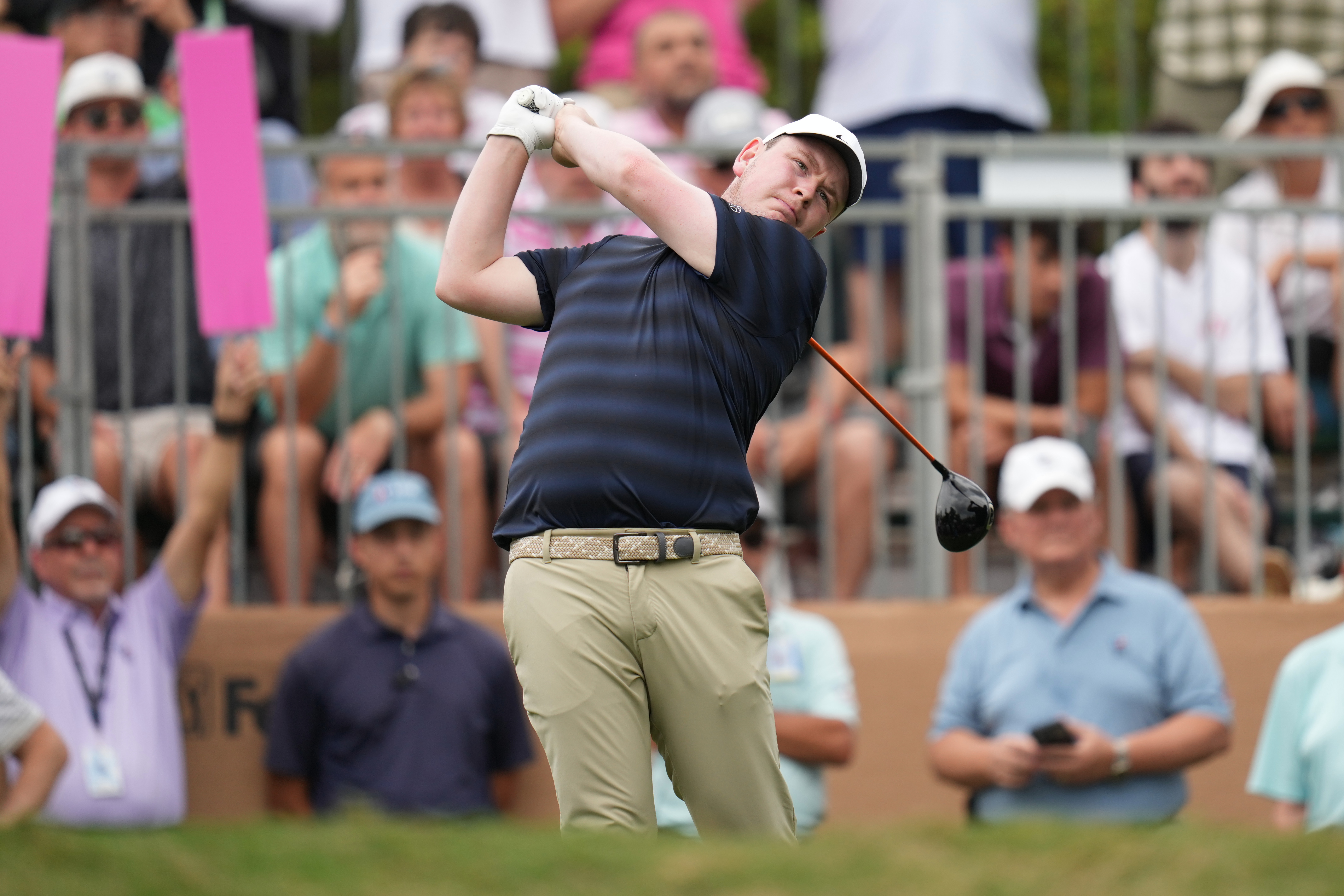 Robert MacIntyre hits his drive on the first hole during the first round of the Valero Texas Open golf tournament in San Antonio, Thursday, April 2, 2026.