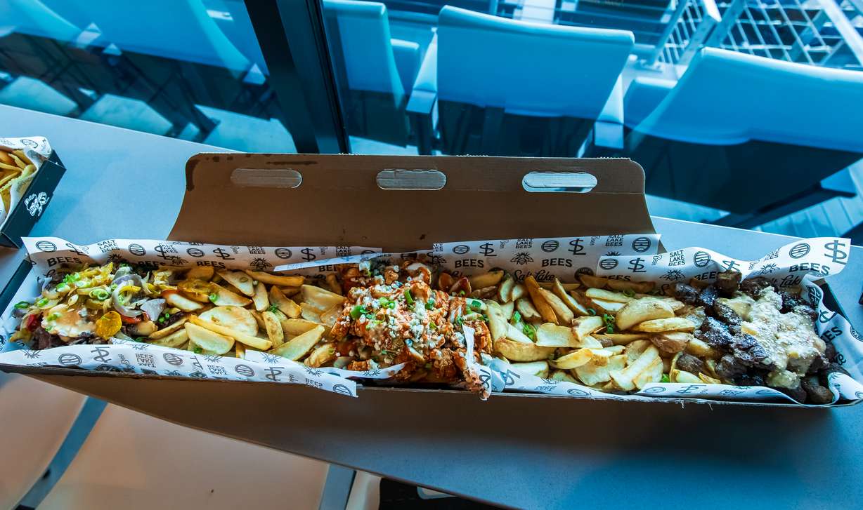 "Going Yard," which features a 3-foot pile of fries and other toppings, is pictured at The Ballpark at America First Square in South Jordan on Friday.